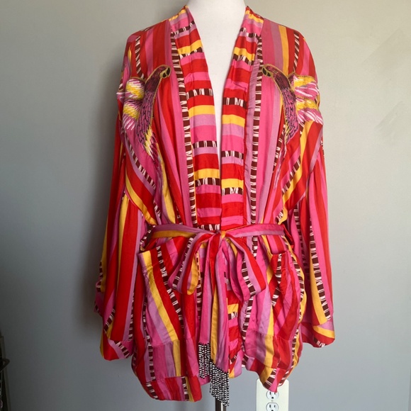 Farm Rio Lucy Parrot Stripe Tie Waist Embroidered Birds Cover Up Kimono Jacket - Picture 6 of 16